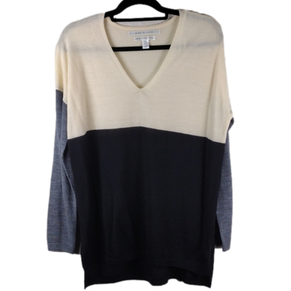 Max Studio Cream Black Color Block V-Neck Long Sleeve Merino Wool Sweater Top